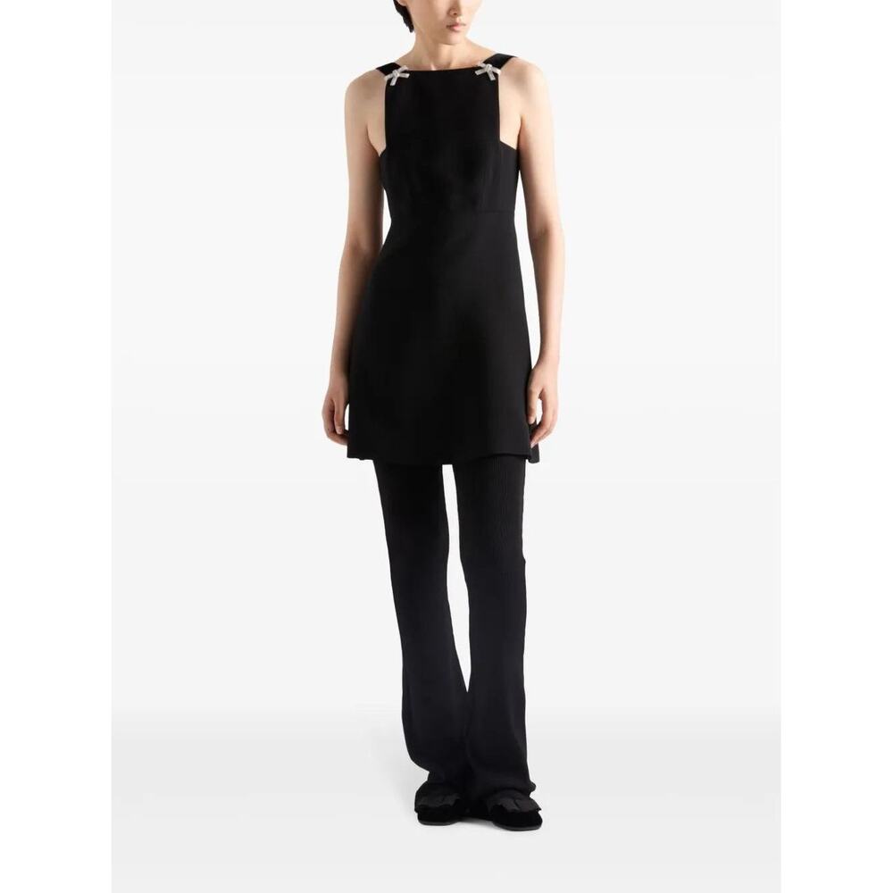 Prada Black Embroidered Cady Mini Dress Crystal Bow Cocktails Evening Gown 38
